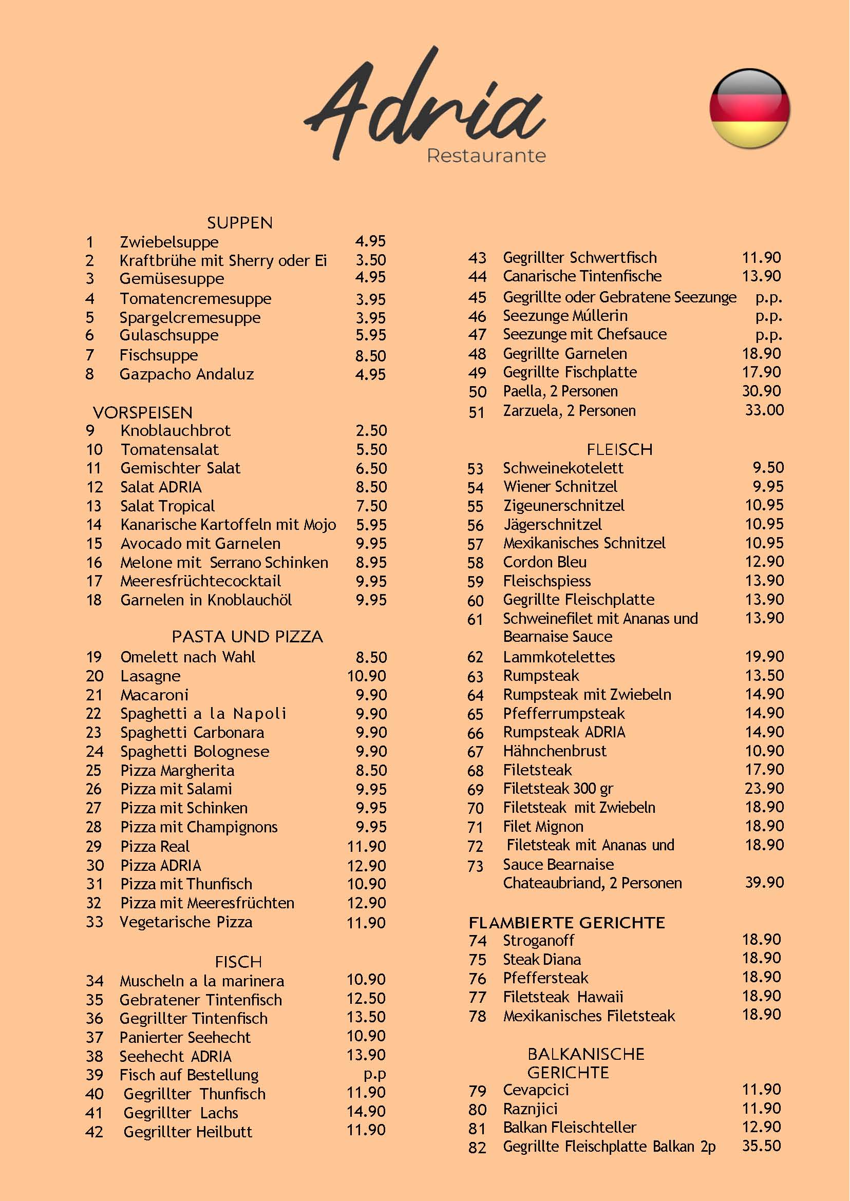 Deutsche Speisekarte vom Adria