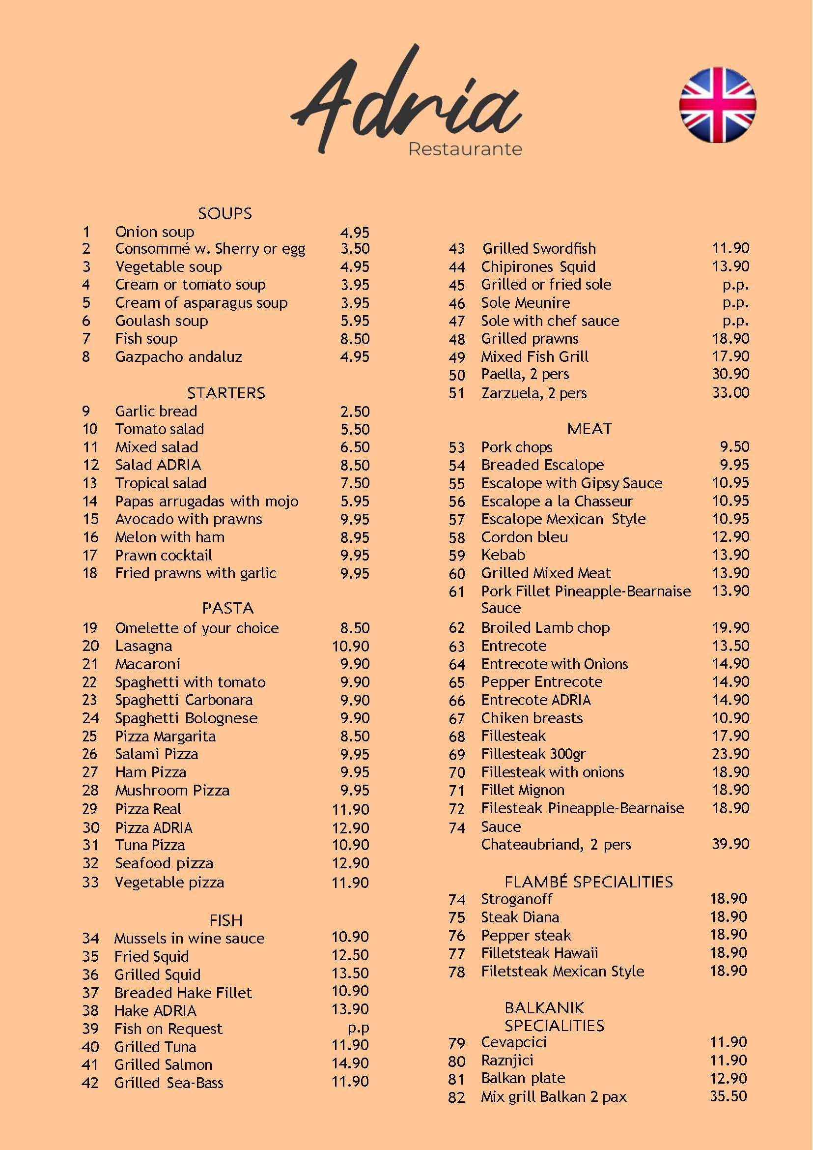 English menu of Restaurant Adria