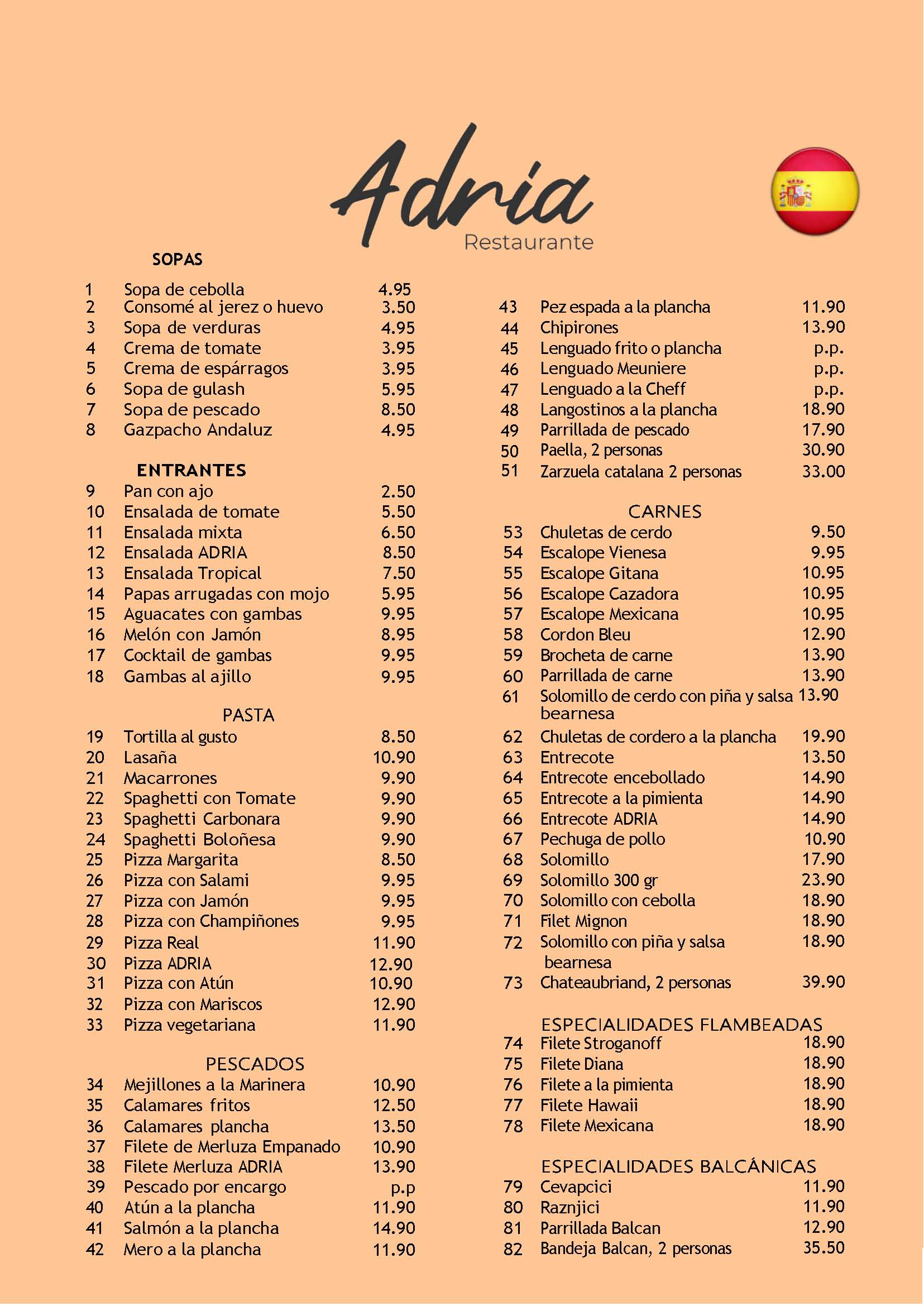 Carta en español del Restaurante Adria
