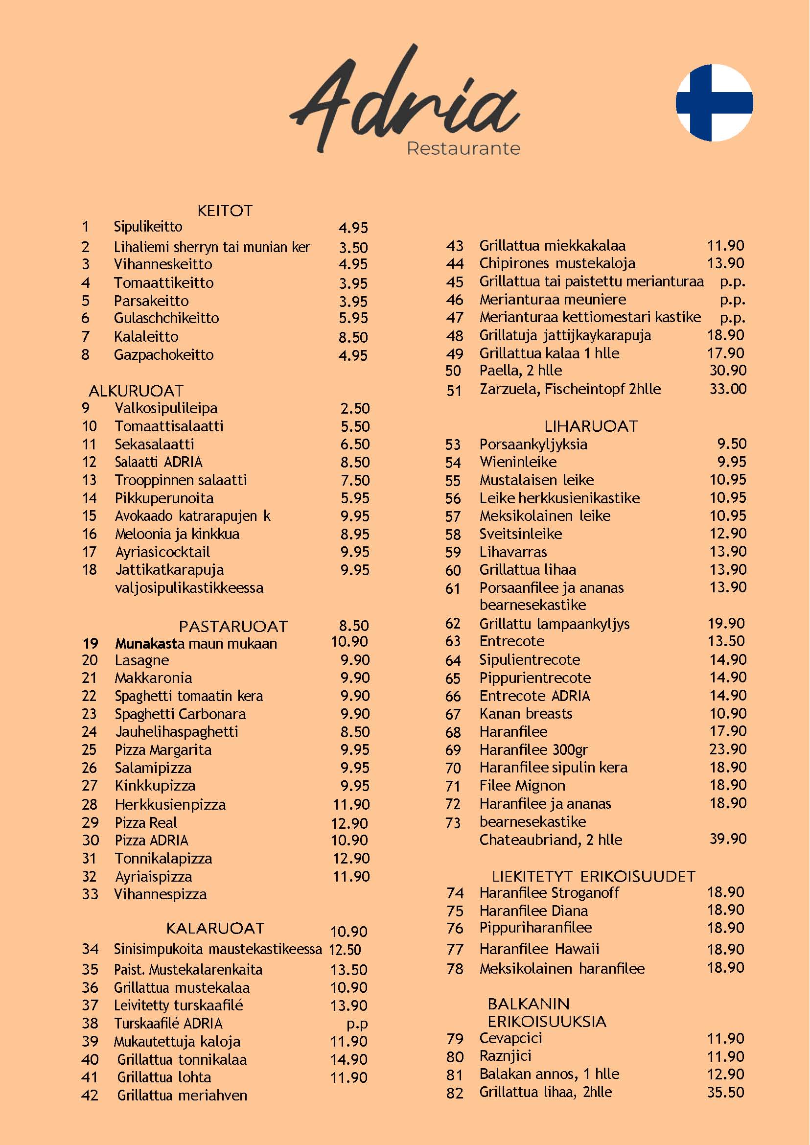 Ravintola Adrian suomenkielinen ruokalista